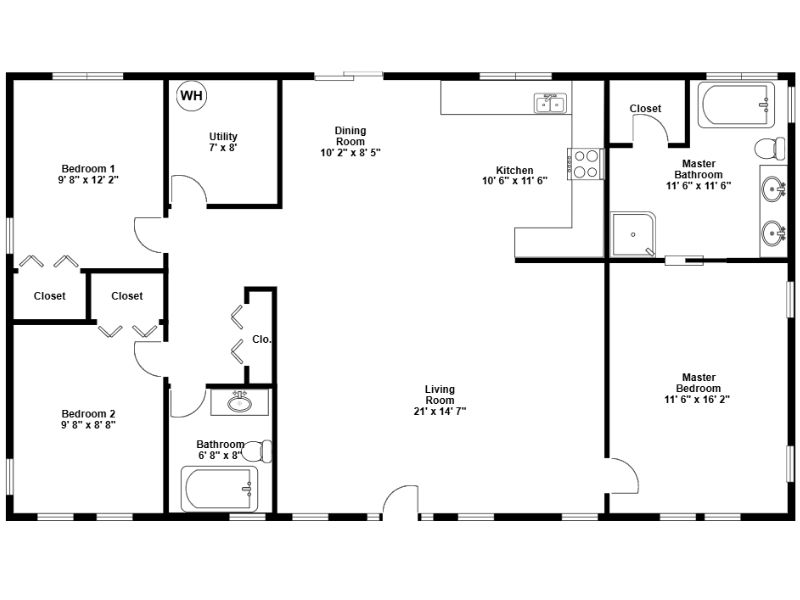 2D floor plan made with SmartDraw software. The floor plan is a simple black and white floor plan of a 3-bedroom, 2-bathroom house with fixed installations displayed on the floor plan. There are also room measurements for each room.