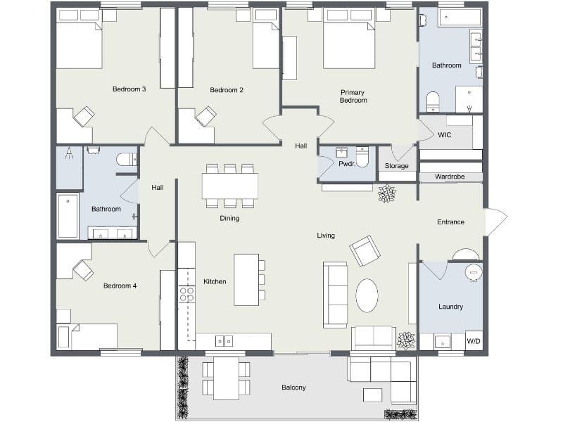 Four-bedroom apartment plan with open kitchen and living area, balcony, primary suite, two more baths, laundry, and storage.