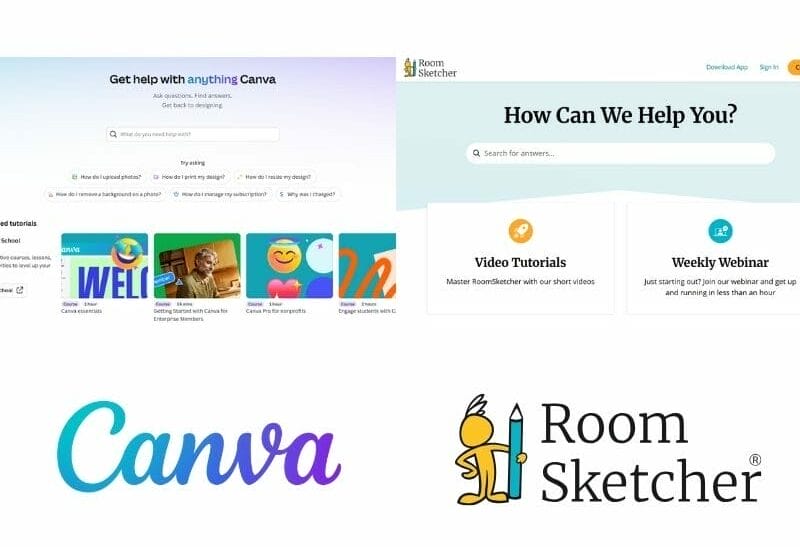 Canva vs. RoomSketcher. The image shows a comparison between Canva and RoomSketcher's Help Centers. On the left side of the image is Canva's Help Center with a search bar and suggested questions. Below the screenshot of the Help Center is Canva's logo. On the right side of the image is RoomSketcher's Help Center, with a search bar and links to video tutorials and weekly webinars. Below the screenshot is RoomSketcher's logo.