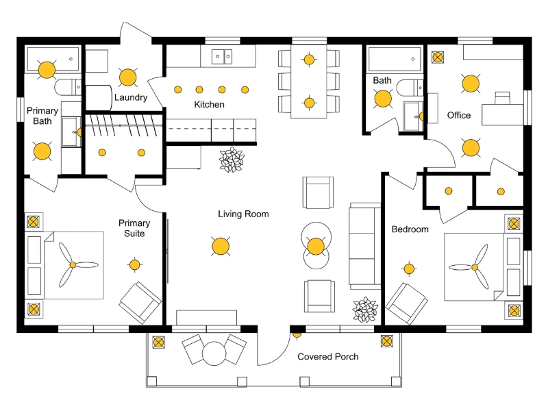 Lighting plan of a single-story home showing ceiling light fixtures, spotlights, and switch placements across the kitchen, living room, bedrooms, bathrooms, office, and covered porch.