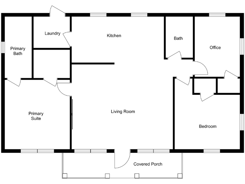 Clean 2D floor plan of a single-story home without furniture or fixtures, showing labeled rooms including kitchen, living room, primary suite, bedroom, office, bathrooms, laundry, and covered porch.