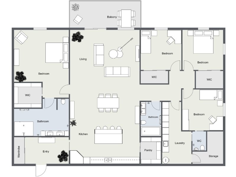 Four-bedroom apartment plan with spacious living area, kitchen, balcony, two baths, guest WC, pantry, and laundry.