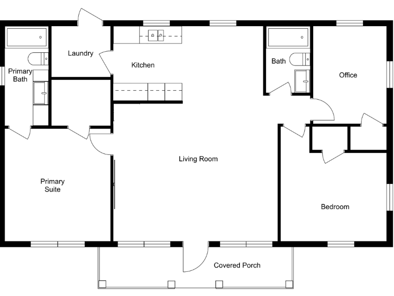 2D floor plan of a single-story home with fixed installations, including kitchen cabinets and appliances, and bathroom fixtures.