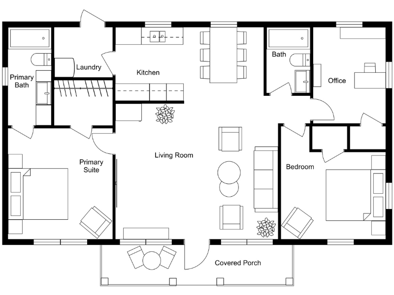 2D furnished floor plan of a single-story home showing room layout with furniture, including sofas, beds, dining table, chairs, and storage, along with kitchen and bathroom fixtures.