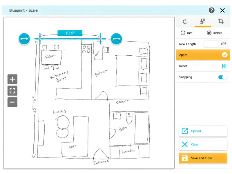 RoomSketcher’s Import a Blueprint feature, showing a hand-drawn blueprint being scaled before drawing over it to create a digital floor plan. The scale line, length field, and Apply button are visually highlighted in the app window.