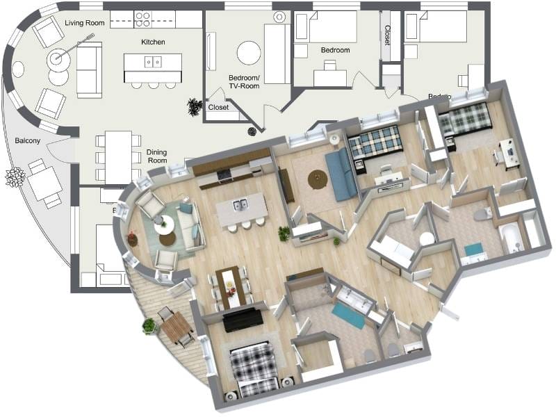 Four-bedroom apartment floor plan shown in both 2D and 3D views. Features a curved open living and dining area with kitchen and balcony, a primary bedroom suite, three additional bedrooms, two bathrooms, and a flexible bedroom or TV room.