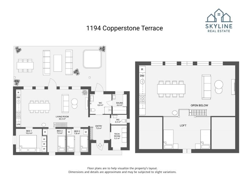2D floor plan in black and white with letterhead. The floor plan has two levels, and has two bathrooms, a toilet room, living room with kitchen and dining, three bedrooms, and a loft with a kitchen and living room as well as two more beds.