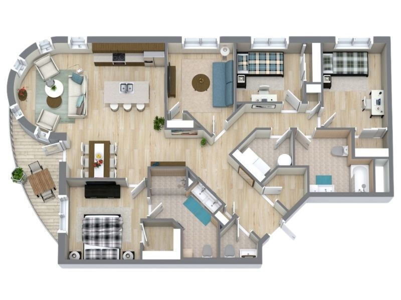 3D floor plan of a four-bedroom apartment with open kitchen, dining, and living area. Includes a curved balcony, primary bedroom with ensuite bath, three additional bedrooms, two more bathrooms, and spacious hallways.