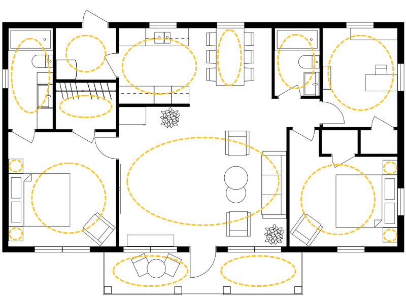 Floor plan showing lighting zones marked with dashed yellow outlines across each room. Zones highlight functional areas including the living room seating area, dining table, kitchen workspace, bedrooms, bathrooms, hallway, and outdoor seating area, indicating where lighting should be planned for different activities.