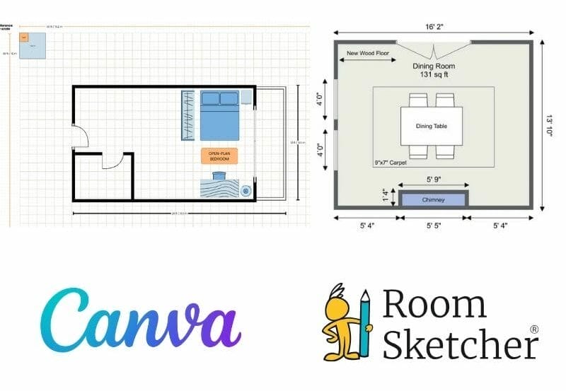 Canva vs. RoomSketcher. Comparison between measurements on floor plans made with Canva and RoomSketcher. On the left side of the image is a screenshot of a floor plan template from Canva with drawn lines and written measurements. In the corner of the floor plan is a reference scale. Below the screenshot is the Canva logo. On the right side of the image is a floor plan of a dining room made with RoomSketcher with measurements and labels. There are outside measurements, window measurements, chimney measurements, carpet measurements and total area measurements. Below the floor plan is the RoomSketcher logo.