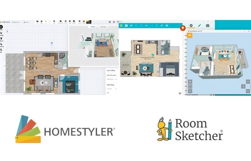Homestyler vs RoomSketcher platform comparison. The left side of the image shows the Homestyler user interface, below the photo of the interface is the Homestyler logo. On the right side of the image there is the RoomSketcher user interface, below it is the RoomSketcher logo.