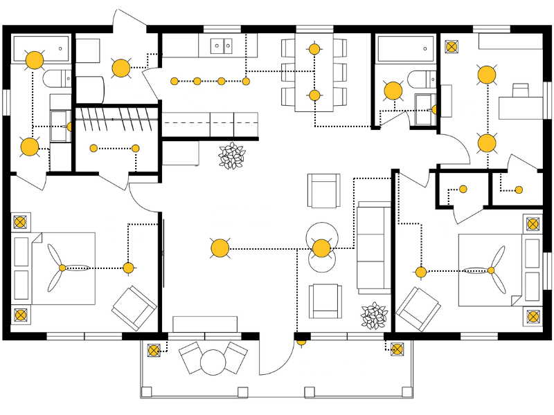 Floor plan showing a lighting plan with yellow light fixtures and dotted lines indicating electrical wiring connections between switches and lights across rooms including kitchen, living room, bedrooms, bathrooms, and office.