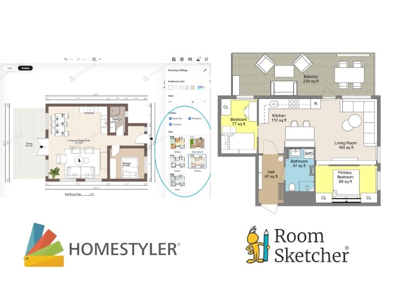 Homestyler vs RoomSketcher 2D floor plan comparison. The left side of the image is a screenshot of a 2D floor plan made with the Homestyler software. The floor plan is in brown and beige colors. Below the screenshot is the Homestyler logo. On the right side of the image there is a 2D floor plan made with the RoomSketcher software. The floor plan is of a furnished 2-bedroom apartment. The floor plan is colored in yellow, brown, beige, and blue. Below the floor plan is the RoomSketcher logo.