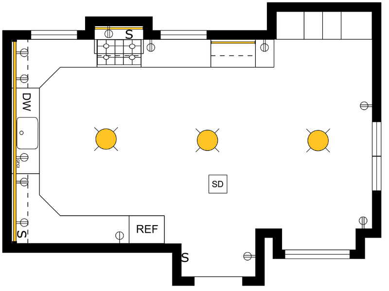 Kitchen floor plan showing a lighting layout with three ceiling light fixtures, electrical outlets along the walls, labeled appliances, and a smoke detector centered in the room.