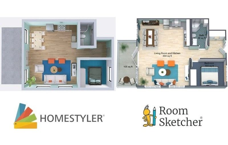 Homestyler vs RoomSketcher 3D floor plan comparison. On the left side of the image there is a 3D floor plan made with Homestyler. The floor plan is of a 1-bedroom, 1-bathroom apartment with a shared kitchen/living and dining area. The floor plan is fully furnished. Below the floor plan is the Homestyler logo. On the right side of the image there is a 3D floor plan made with RoomSketcher. The floor plan is the same layout as the one made with Homestyler. Below the floor plan is the RoomSketcher logo.