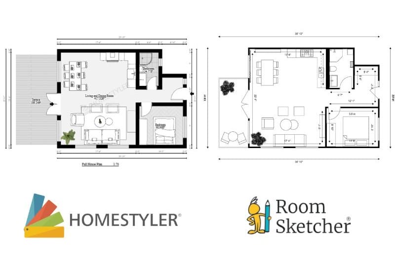 Homestyler vs RoomSketcher measurement comparison. On the lest side of the image there is a black and white 2D floor plan made with Homestyler that has measurements displayed both inside the rooms and outside the floor plan. Below the floor plan is the Homestyler logo. On the right side of the image there is a black and white 2D floor plan made with RoomSketcher. The floor plan has measurements displayed both inside the rooms and outside the floor plan. Below the floor plan is the RoomSketcher logo.