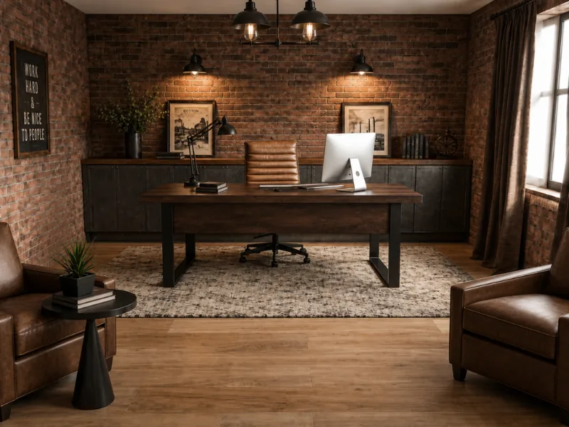Warm industrial-style office featuring exposed brick walls, a dark wood desk, leather chairs, pendant lighting, built-in cabinets, and a large area rug.