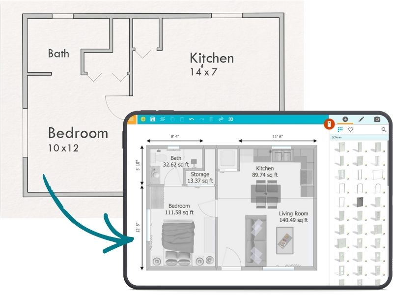 A basic black-and-white floor plan on paper shown next to the same layout converted into an editable RoomSketcher project using AI Convert.