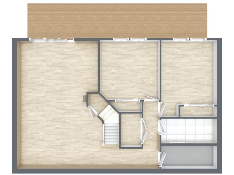 A 3D-style floor plan showing an unfurnished upper floor with light wood flooring, several interior rooms, multiple door openings, and a central staircase. A large terrace or deck spans the entire top side of the layout.