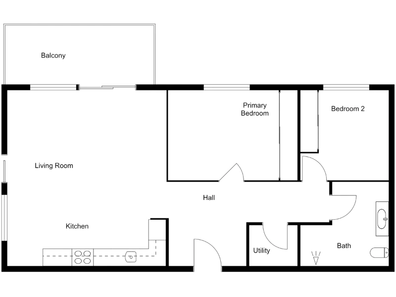 Black and white 2D floor plan of a two-bedroom apartment with open living-kitchen area, primary bedroom, second bedroom, bathroom, utility, hallway, and balcony.