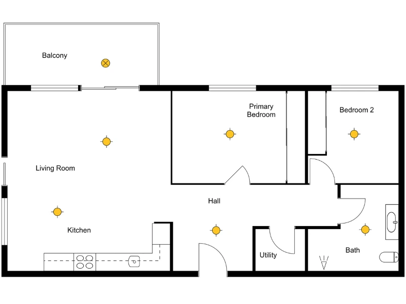 Black and white 2D floor plan of two-bedroom apartment with yellow dots marking light fixtures in living room, kitchen, bedrooms, hall, bath, utility, and balcony area.