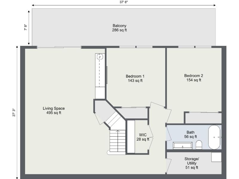 2D floor plan of a two bedroom apartment.