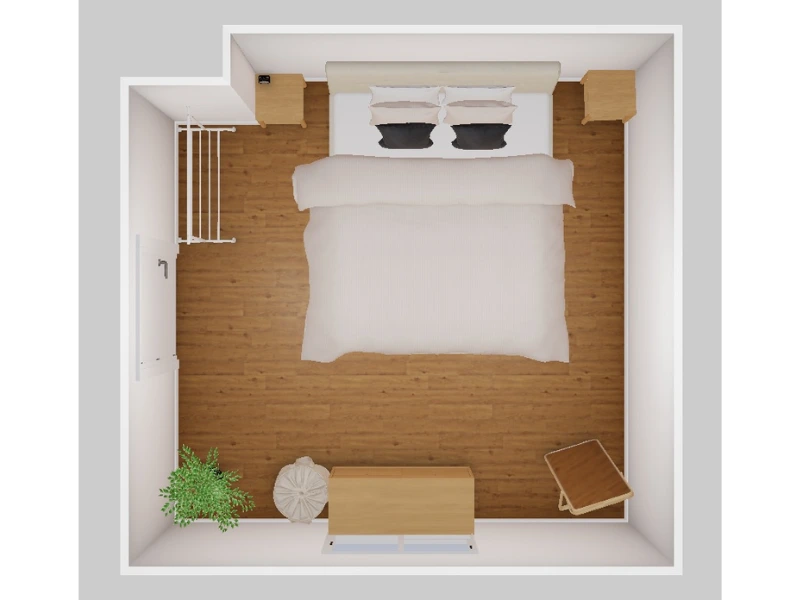 3D floor plan made with IKEA. The floor plan is of a bedroom, showing a double bed, nightstands, a mirror, a plant, and a wardrobe.