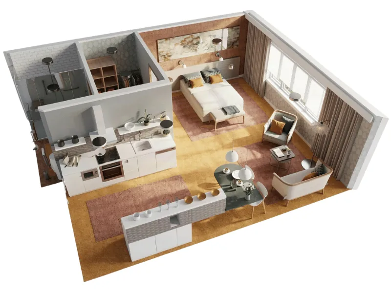 3D studio apartment layout with an open-plan kitchen, dining, living, sleeping, and bathroom area designed for accessible living.