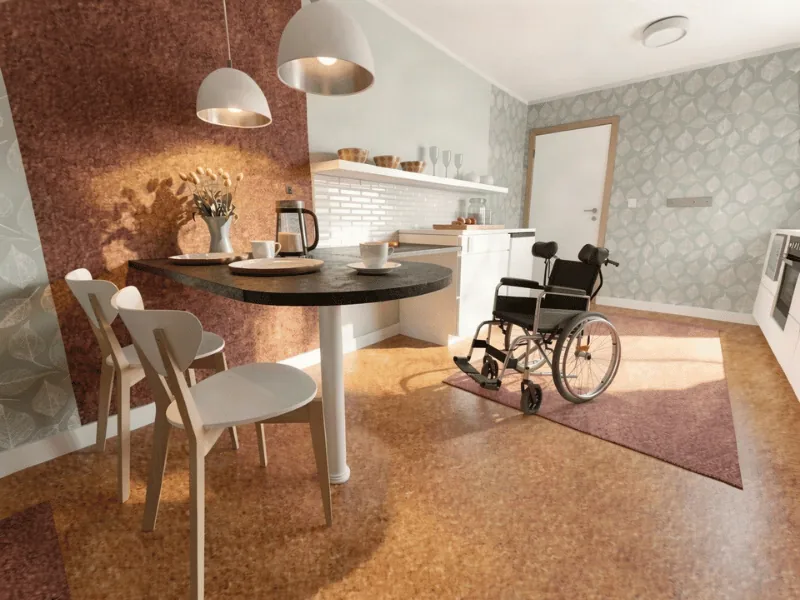 Accessible kitchen and dining area with open floor space, a wheelchair-friendly layout, and room to move comfortably between key areas.