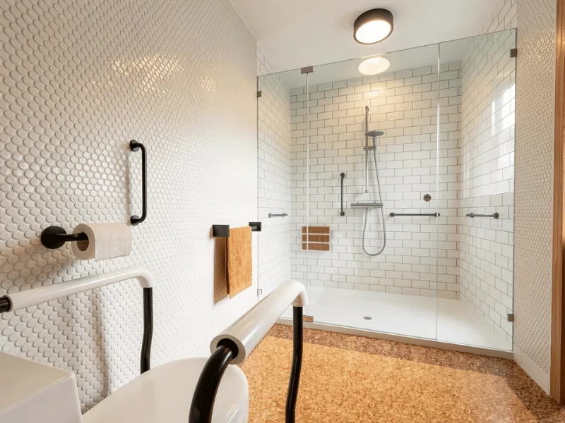 Accessible bathroom with a level-entry shower, grab bars, and open floor space designed to support safer, easier movement.