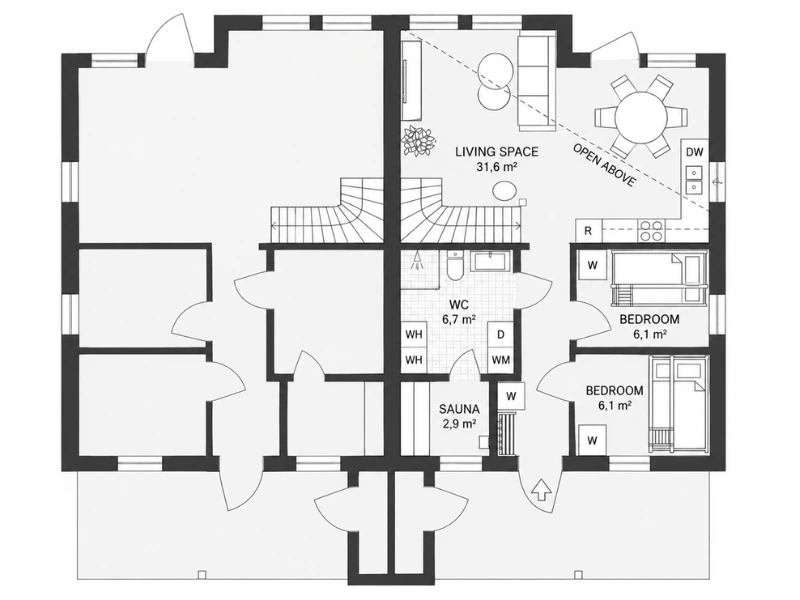 2D Floor Plan of a duplex showing a simple layout on one side and a detailed, furnished layout on the other.