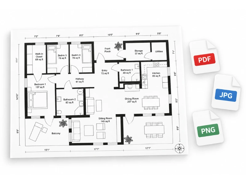 2D Floor Plan shown as a printable document with PDF, JPG, and PNG download options.