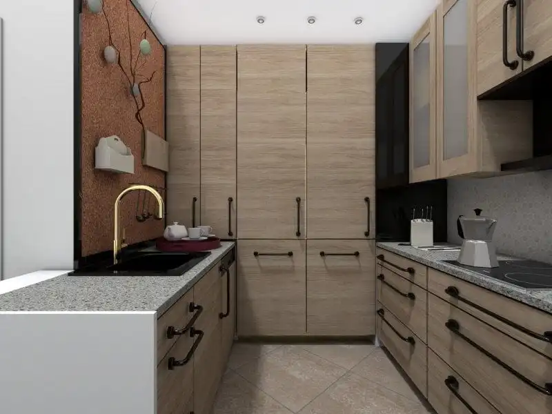 Modern wooden kitchen layout in 3D