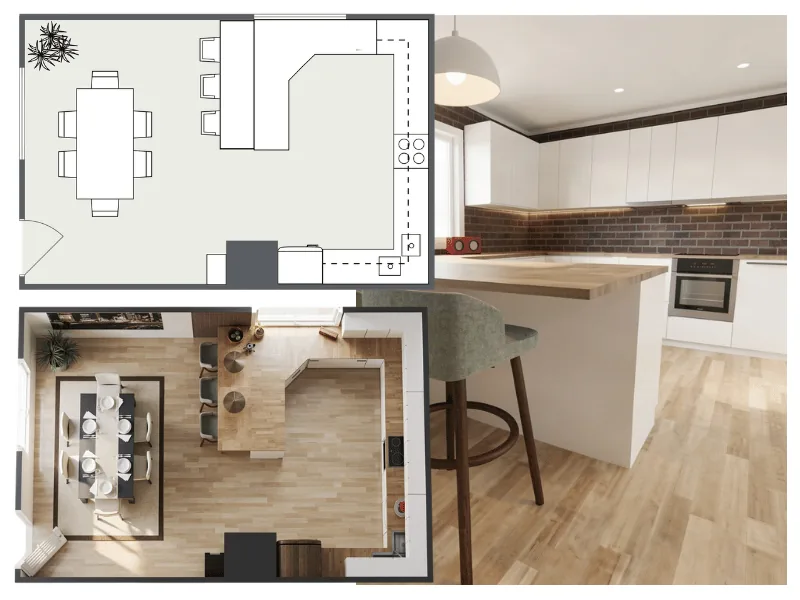 Kitchen and dining room design shown as a 2D Floor Plan, 3D Floor Plan, and realistic interior visualization.