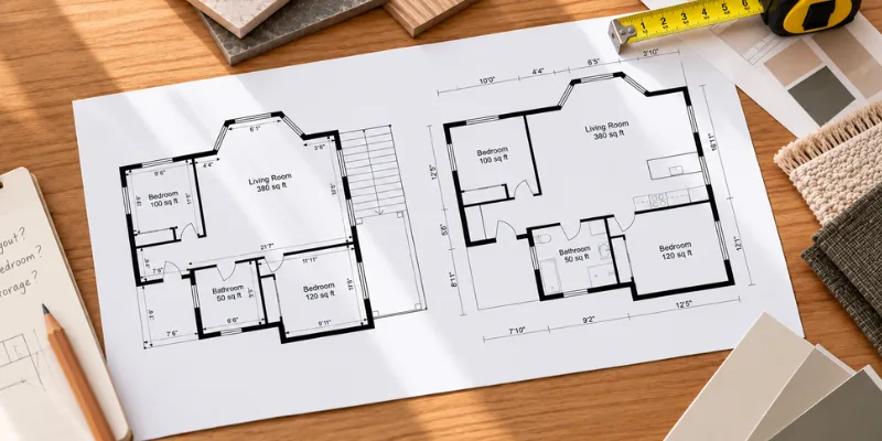 2D Floor Plan with measurements, material samples, and a tape measure for planning a home renovation.