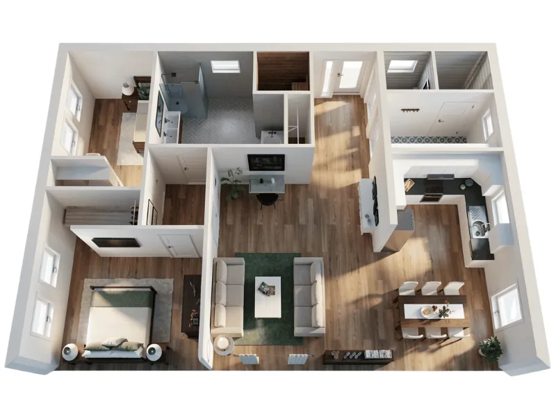 3D floor plan of a two-bedroom apartment showing the kitchen, dining area, living room, bathroom, and furnished bedrooms.
