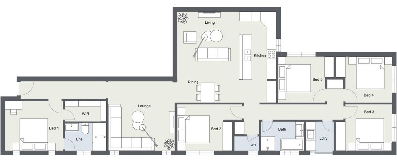 Five-bedroom apartment floor plan with open living, dining, and kitchen area, separate lounge, primary bedroom with walk-in closet and en-suite, four additional bedrooms, shared bathroom, laundry, and WC.