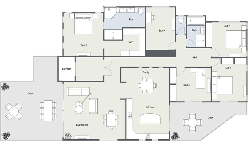 Spacious five bedroom apartment floor plan with two large decks, open kitchen, dining, and living room, separate family room, study, large bedroom with walk-in closet and en-suite, four additional bedrooms, two bathrooms, and elevator access.