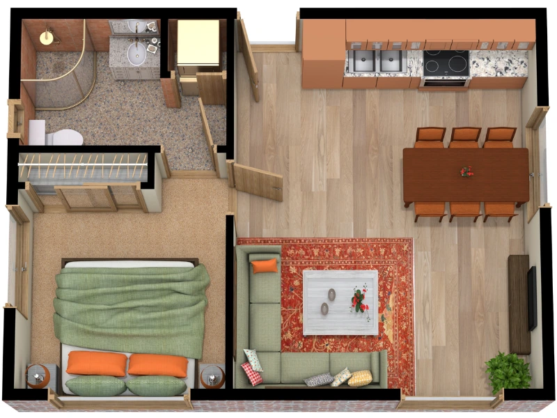 Colorful 3D Floor Plan made with RoomSketcher. The floor plan is of an apartment with one bedroom, one bathroom, an open living and dining/kitchen area. The color matching is green and orange.