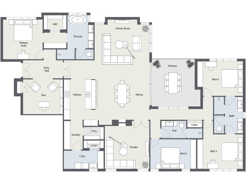 Large five bedroom apartment floor plan with open kitchen, dining, and family room, outdoor alfresco area, primary suite with walk-in closet and en-suite, den, theatre room, scullery, laundry, three additional bedrooms with shared bathroom, plus a guest bedroom with nearby powder room.