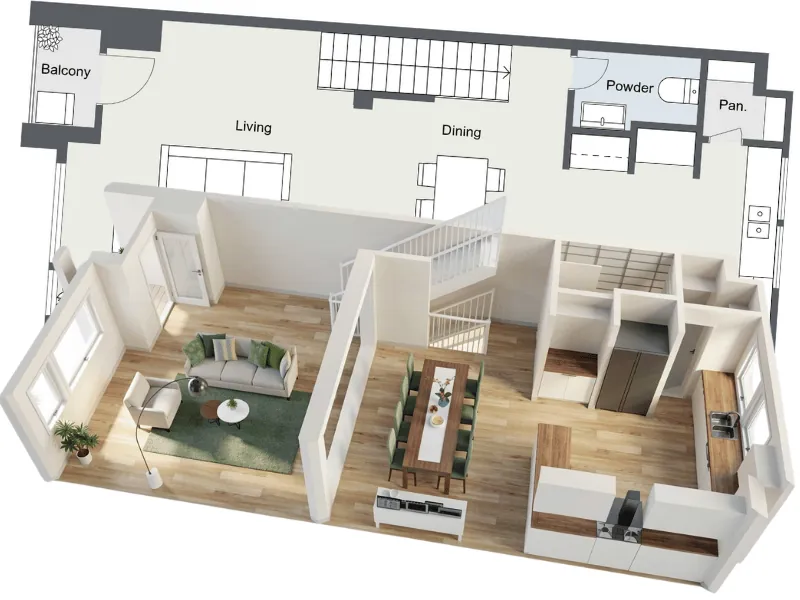 2D and 3D floor plan showing an open-plan living room, dining area, kitchen, staircase, balcony, powder room, and pantry.