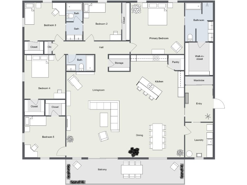 Five bedroom apartment floor plan with open kitchen, dining, and large living room, primary bedroom with walk-in closet and en-suite, four additional bedrooms with closets, multiple bathrooms, pantry, laundry, storage, entry area, and balcony.