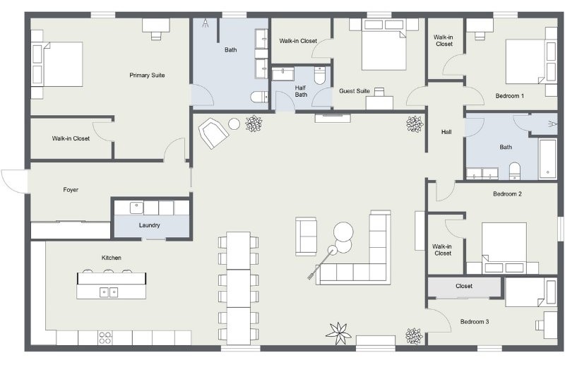 Five bedroom apartment floor plan with spacious open living and dining area, kitchen with island, primary suite with walk-in closet and bathroom, guest suite with half bath, three additional bedrooms with closets, two more bathrooms, laundry, and foyer.