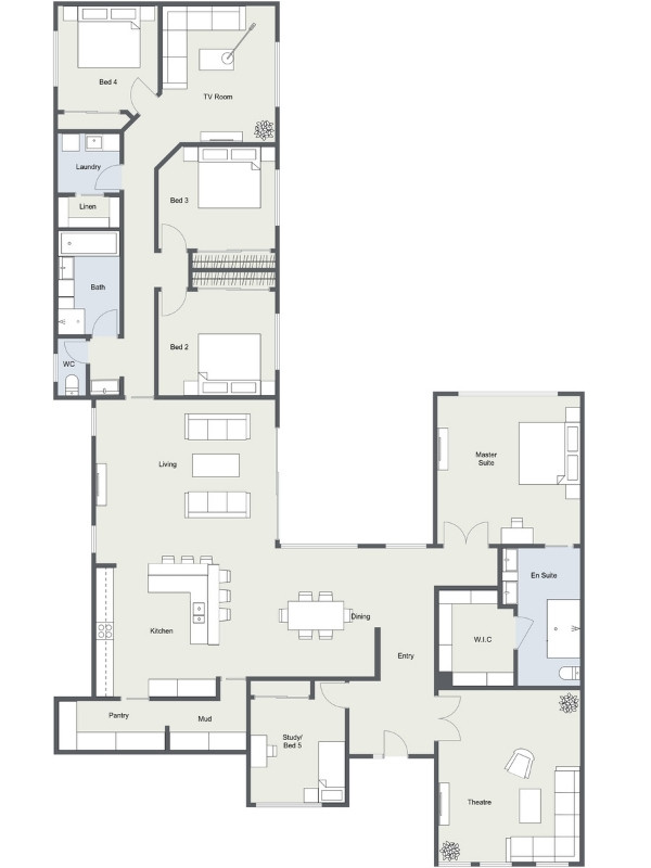 Five bedroom penthouse apartment floor plan with open kitchen, dining, and living area, primary suite with en-suite and walk-in closet, three additional bedrooms, guest bedroom or study, theatre room, TV room, multiple bathrooms, laundry, pantry, and mudroom.