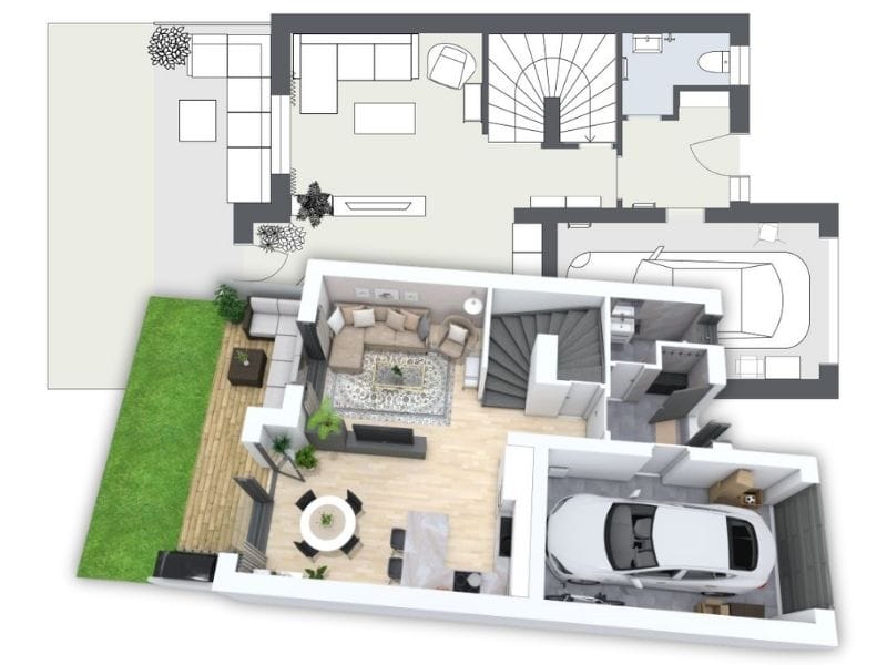 3D floor plan of a modern home’s ground floor overlaid with a 2D schematic. The layout includes a living room with a sectional sofa and TV, an open dining area with a round table, and a kitchen with an island. A sliding glass door opens to a small wooden patio and grassy backyard. A staircase is located centrally, next to a hallway and a small bathroom. On the right side, there's an attached garage with a parked car and storage area.