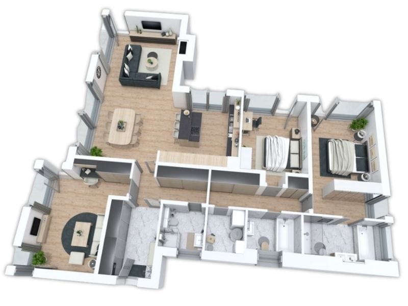 3D floor plan of a modern apartment featuring two bedrooms, two bathrooms, and multiple living areas. The layout includes a spacious open-concept living and dining room with large windows, a kitchen with an island and bar seating, and a separate TV lounge. The master bedroom has a large bed and private access to a balcony, while the second bedroom includes a single bed and desk. The apartment also features two tiled bathrooms, a laundry area, and several closets throughout.