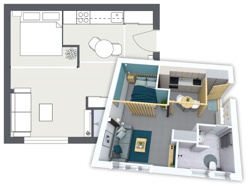 Split view of a compact studio apartment showing both a 2D floor plan and a 3D rendered layout. The apartment features an open living area with a sofa and coffee table, a sleeping area with a double bed partially separated by a wooden slat divider, a small kitchen with a round dining table, and a bathroom near the entrance. The design maximizes space efficiency with a clean, modern aesthetic.