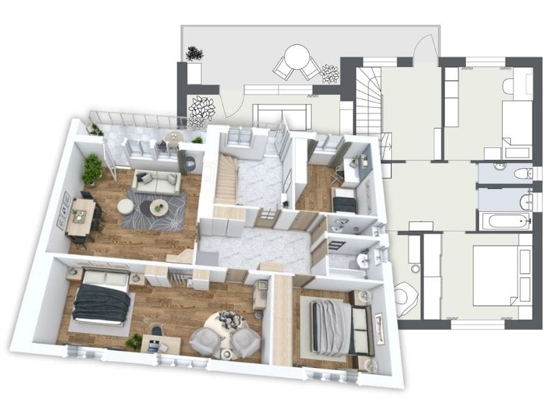 Split view of a residential apartment showing both a 3D floor plan and a 2D layout. The 3D rendering highlights a furnished interior with three bedrooms, a cozy living room, a round dining area, a home office, and two bathrooms. The central hallway includes a staircase and tiled flooring. The 2D floor plan in the background outlines the same layout with simplified walls, fixtures, and room arrangements for a clear architectural overview.