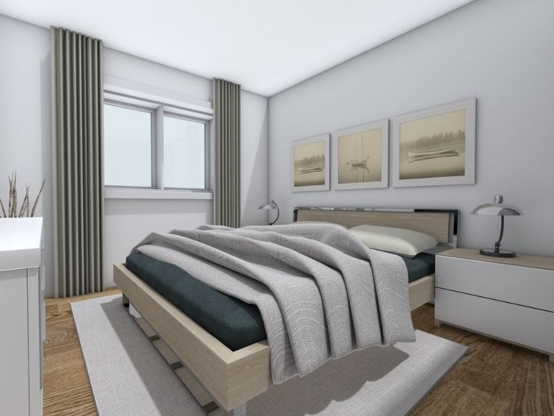 3D rendered bedroom with a minimalist, modern design. The room features a light wood platform bed with gray bedding, two matching nightstands with lamps, a white dresser, and three framed nautical-themed prints on the wall. A window with floor-length curtains lets in natural light, and the room has wood flooring and a neutral color palette.