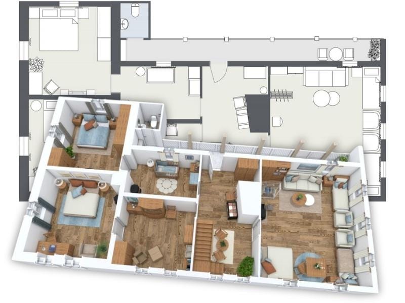 Split view of a residential floor plan combining a 2D layout and a fully furnished 3D rendering. The design features a large living room with multiple seating areas, a dining nook, and a central hallway with a staircase. The floor includes three bedrooms, a home office, and a bathroom. The 3D portion showcases warm wood flooring, detailed furniture placement, and decor, while the 2D portion outlines the structural layout and room divisions in a simplified top-down view.